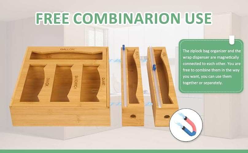 WHOMASS 6-in-1 Magnetic Bamboo Drawer Organizer for Food Bags and Wraps Adjustable Compartment Storage with Dispenser and Cutter Fits Gallon Quart Sandwich and Snack Sizes thumbnail 9