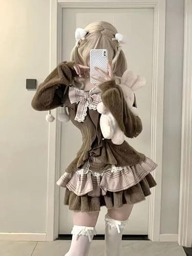 Xojbzoo Women's Y2K Kawaii 2-Piece Set - Long Sleeve Bow Top & Mini Skirt Retro Emo Aesthetic Separable Outfit thumbnail 3