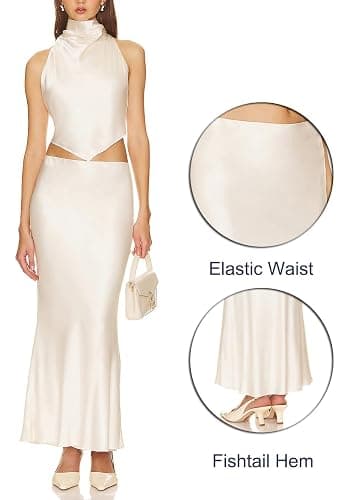 Aigeman Womens Elegant Silk Satin Maxi Skirt Elasticized High Waist Mermaid Fall Satin Skirts for Wedding Guest 469 thumbnail 3