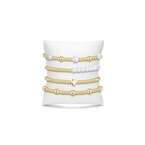 BOMAIL Gold Beaded Bracelets for Women Trendy Non Tarnish Gold Bracelet Stack 14K Gold Plated Pearl Bead Bracelets Cross Bracelets Set Stackable Stretch Beads Bracelet - Image 1