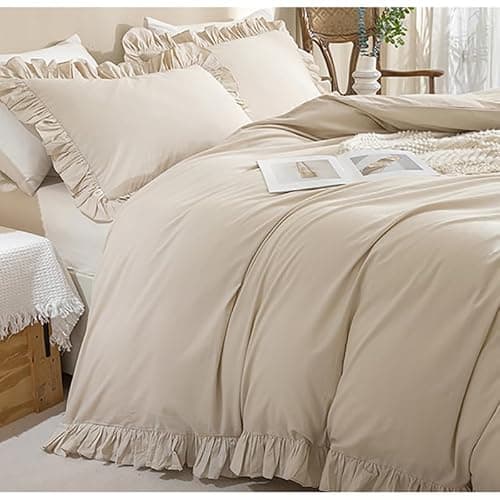 AShanlan Bettwäsche Rüschen 135x200 Beige Romantisch Bettwäsche-Sets 2tlg | Bettbezug 135x200 mit Kissenbezug 80x80 cm, 100% Weich Mikrofaser, ÖKO-TEX, Reißverschluss thumbnail 3