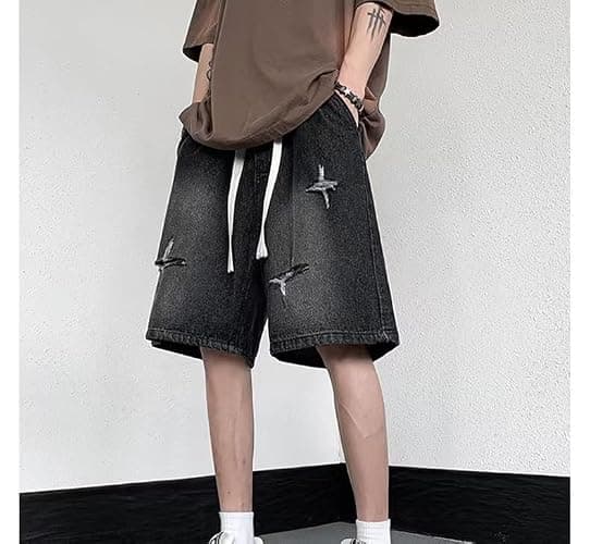 POHADON Y2K Blue Denim Shorts Summer Casual Loose Straight Leg Unisex Baggy Jeans Shorts Jorts Grunge Harajuku Streetwear thumbnail 3