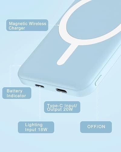 podoru for Magsafe Battery Pack, 5000mAh Magnetic Power Bank with Type-C Cable 20W PD Fast Charging Lighting Input Wireless Portable Charger for iPhone 17/16/15/14/13/12/ All Series-Sierra Blue thumbnail 4