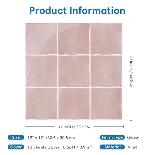 COMSTICKC Upgraded Thicker Pink Peel and Stick Backsplash Tiles for Kitchen, 10 Pcs of 12''x12'',3D Peel and Stick Tiles for Wall Removable Vinyl Backsplash Kitchen Bathroom Waterproof thumbnail 3