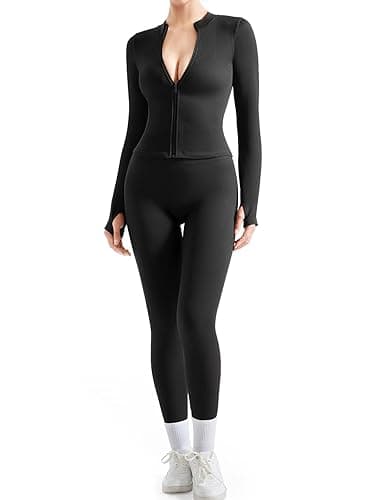 SUUKSESS Women 2 Piece Seamless Ribbed Workout Sets With Zip Up Jacket High Waisted Gym Yoga Leggings - Image 1