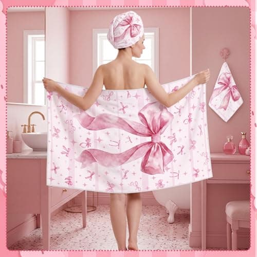 Moukeren Set of 3 Pink Bow Bath Towels Cute Coquette Large Bow Bath Towel Hand Towel and Washcloth Soft Decorative Towels for Girls Womens Bathroom Kitchen Pool Gym Spa Yoga thumbnail 4