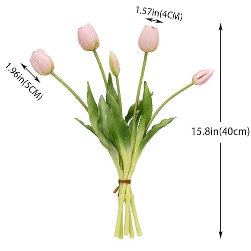 DUYONE 15pcs Artificial Tulips Flowers,Latex Bouquet, Fake Tulips for Office Wedding Party Home Kitchen Garden Decoration(Light Pink,15pcs) thumbnail 2