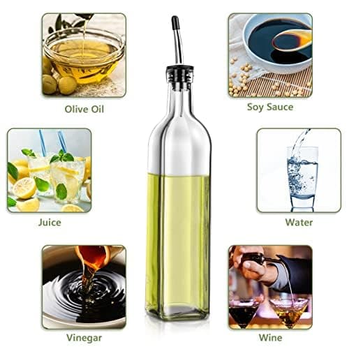Leaflai Olive Oil Dispenser Bottle, 2 Pcs Glass Olive Oil Dispenser and Vinegar Dispenser Set with 2 Stainless Steel Pourers, 4 Labels,1 Brush and 1 Funnel Oil Bottles for Kitchen (500ml) - 2 Pcs Transparent thumbnail 4