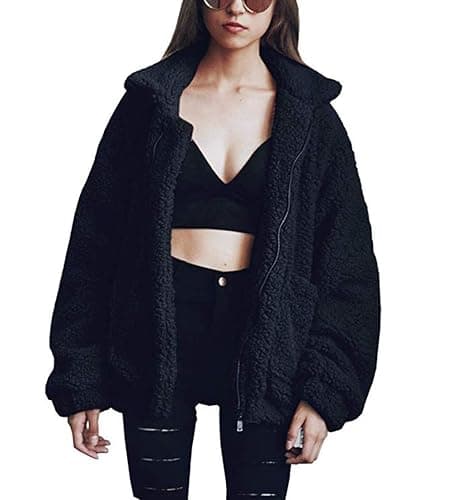 Comeon Women's Coat Casual Lapel Fleece Fuzzy Faux Shearling Zipper Coats Warm Winter Oversized Outwear Jackets thumbnail 2