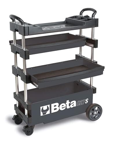 Beta C27S Gray Collapsible Rolling Tool Cart | 200 Pound Load Capacity | Heavy-Duty Mobile Metal Tool Trolley | 4” Steering Wheels with Brakes | Thermoplastic Worktop | Keyed Lock - Image 1