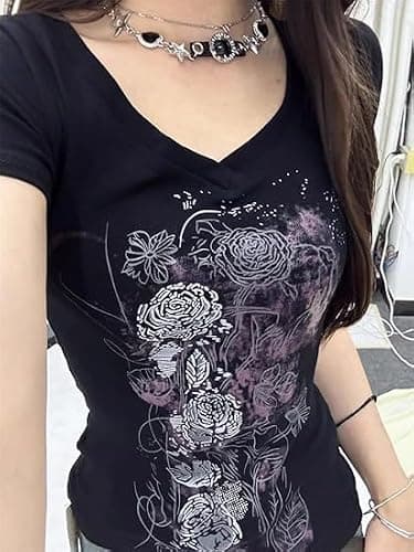 Grunge Shirts 2000s Clothing Women Vintage Graphic Tees Y2k Short Sleeve Goth Tops Teens Emo Clothes Streetwear thumbnail 3
