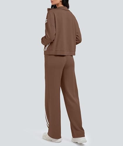 Casly Lamiit Women's 2 Piece Lounge Outfits Zip Up Sweat Set Contrast Striped Wide Leg Jogging Pants Travel Track Suit thumbnail 5