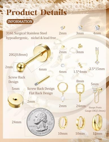 LOLIAS Flat Back Earrings for Women Hypoallergenic Surgical Steel Earrings for Sensitive Ears-20G Cartilage Earring Stacks 14K Gold Plated Hoops Flatback Stud Earring Sets for Multiple Piercing thumbnail 7