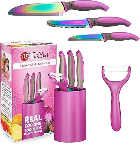 TruChef 5-Piece Kids Knife Set for Real Cooking | Stainless Steel Chef, Paring & Serrated Knives with Peeler & Holder | Safe Junior Chef Cooking Set for Kids (5 pcs, Pink) thumbnail 8