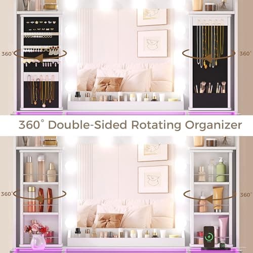 YUNSCEND Large Makeup Vanity Desk with Mirror and Lights, White Vanity Table with 360° Rotating Organizer, Glass Top, RGB Lights, Dressing Table with 11 Drawers, Power Outlet, for Bedroom, UXFST006W thumbnail 3