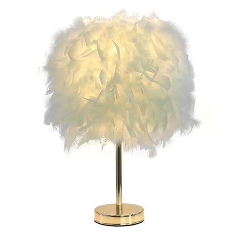 GUANSHAN Weiße Feder-Tischlampe, Nachttischlampe mit goldenem Sockel, Feder-Tischleuchte, Schreibtisch-Lampenschirm für Schlafzimmer, Heimdekoration, Fotografie-Requisiten - Image 1