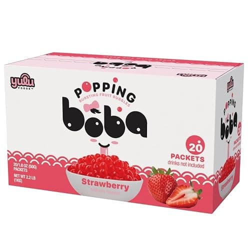 YULU FOODS Strawberry Popping Boba Pearls – Bursting Fruit Bubble Balls – 20 Pack Single-Serve Snacks – Ready to Eat, Less Mess Than Tub Boba, Kids Love It - Image 1
