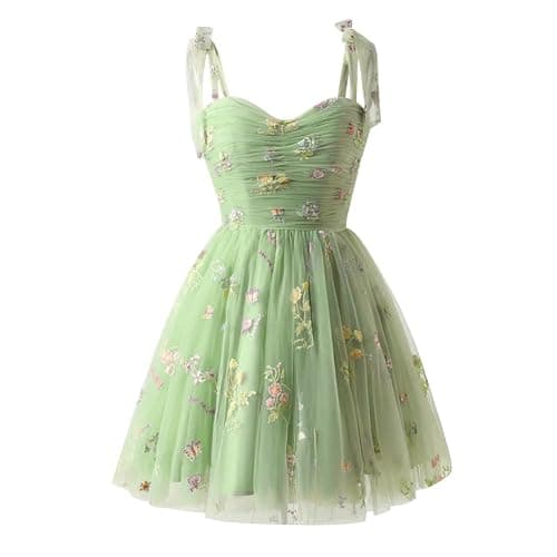 Women's Tie Strap Tulle Prom Dresses Sweetheart Flower Embroidery Dress Short Formal Party Mini Homecoming Dresses - Image 1