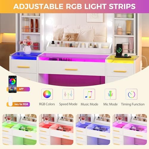 YUNSCEND Large Makeup Vanity Desk with Mirror and Lights, White Vanity Table with 360° Rotating Organizer, Glass Top, RGB Lights, Dressing Table with 11 Drawers, Power Outlet, for Bedroom, UXFST006W thumbnail 4