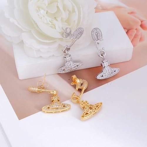 Colorful Saturn Earrings for Women - Punk Two-sided Pin Clip Zircon Saturn Earrings Ear Studs(Silver) thumbnail 6