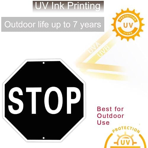Black Stop Sign, 12 x 12 Inch Aluminum Metal Wall Decor Sign | UV Printed Aluminum Stop Sign with Pre-Drilled Holes for Garage, Bar, Home, Office and Indoor Outdoor Wall Decor thumbnail 5