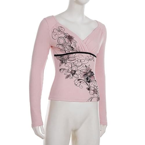 Y2k V Neck Floral Tops Women Fairy Grunge Vintage Long Sleeve Top 2000s Emo Graphic Cute Teen Girls Clothe thumbnail 5