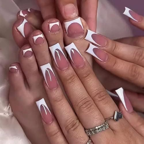 60Pcs White French Tip Press on Nails & Press on Toenails Set, Square Press on Nails Medium Fake Nails French False Toenails Full Cover Stick on Nails for Women Manicure Kit thumbnail 2