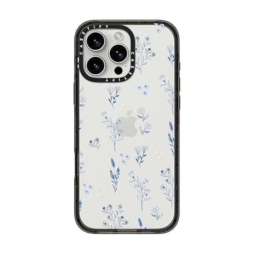 CASETiFY Impact Case for iPhone 16 Pro Max [Slim / 8.2 ft. 4X Military Grade Drop Protection/Wireless Charging Compatible] - Small Blue Flowers - Clear Black - Image 1