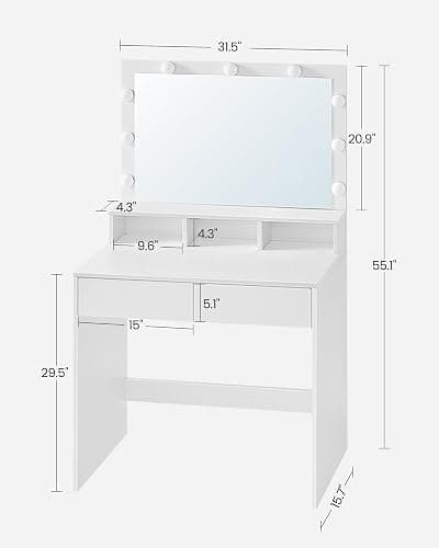 VASAGLE Vanity Desk with Mirror and Lights, Makeup Vanity with Large Mirror, LED Lights with Adjustable Brightness, Vanity Table, 2 Drawers, 3 Compartments, Modern Makeup Desk, Cloud White URDT120T14 thumbnail 3