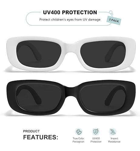 AWGSEE Retro Rectangle Kids Sunglasses 90’s Vintage Fashion Narrow Square Frame Glasses Shades for Girls Boys UV Protection - 2pack Black+white thumbnail 2