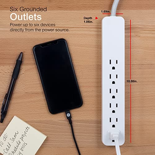 GE UltraPro 6 Outlet Surge Protector, 2 Ft Designer Braided Extension Cord, Flat Plug, Wall Mount, White, 45264 thumbnail 3