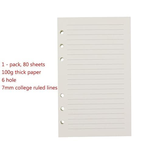 6-Ring A6 Binder/Planner Refill Paper, 6 Hole,6 3/4 x 4 1/8 Inches Refillable White Paper for Loose Leaf Binder Notebook Diary Traveler Journal Inserts, 80 Sheets/160 Pages,Lined thumbnail 3