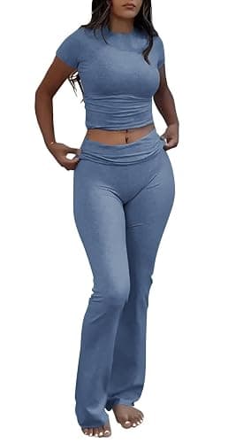 YETOWA Women's 2 Piece Lounge Outfits Slim Short Sleeve Tops Low Rise Flare Leggings Sets Yoga Sweatsuit - Image 1