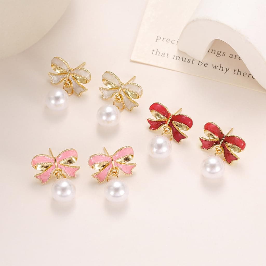 Gold Pearl Bow Earrings For Women Trendy Pink Coquette Drop Stud Ribbon Silver Earrings Dangle Jewelry - Unique Gifts For Wife Valentines Day Preppy Cute Teen Girls Accessories 2024 - pink gold thumbnail 7