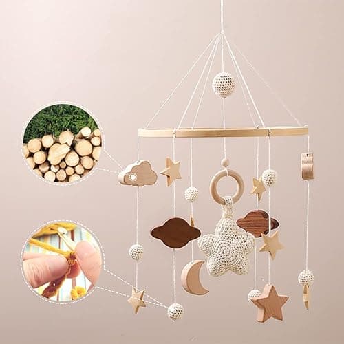 Baby Mobile for Crib, Wooden Baby Crib Mobile with Felt Ball Decor Wind Chime Bed Bell Cute Star Pendant Boho Hanging Decor Handmade Neutral Crib Bell for Kids Room Nursery Bedroom Type 2 - Type 2 thumbnail 8