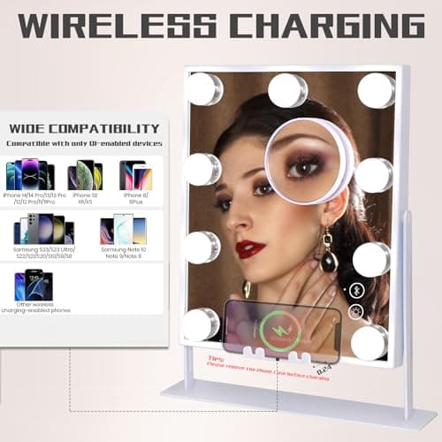 COOLJEEN Vanity Mirror with Lights and Bluetooth, Wireless Charging Lighted Vanity Mirror with Phone Stand, 9-Bulb 3 Color Lighting Tabletop Lighted Makeup Mirror, 360°Rotation - C-white-speaker & Wireless Charging-9 Bulbs thumbnail 3