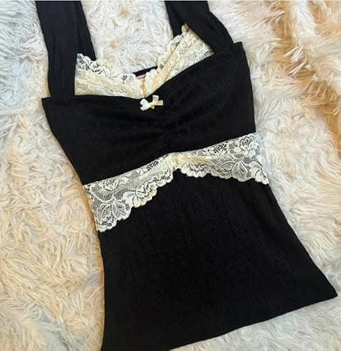 Women's Lace Trim Cami Tops Cable Knit Fairy Grunge Camisole Top Coquette Aesthetic Clothes thumbnail 4
