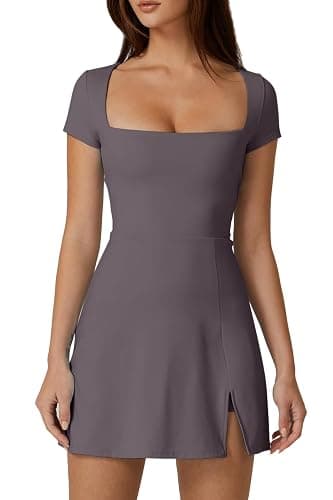 QINSEN Womens Square Neck Tennis Dress Short Sleeve Built in Shorts Golf Athletic Dress with Pockets - Image 1