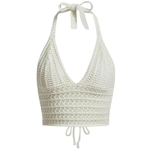 Naileksi Women Lace Up Backless Crochet Crop Halter Top Y2k Slim Fit Sleeveless V Neck Self Tie Back Knit Crop Cami Top - Image 1