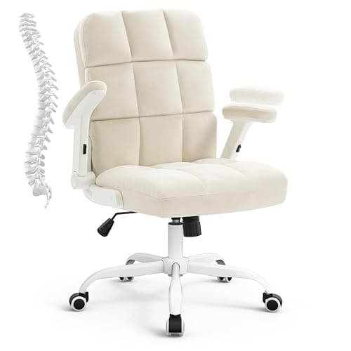 SEATZONE Home Office Chair–Beige Velvet Desk Chair with Wheels, Comfortable Computer Work Chair with Flip-up Arms and Adjustable Tilt - Image 1