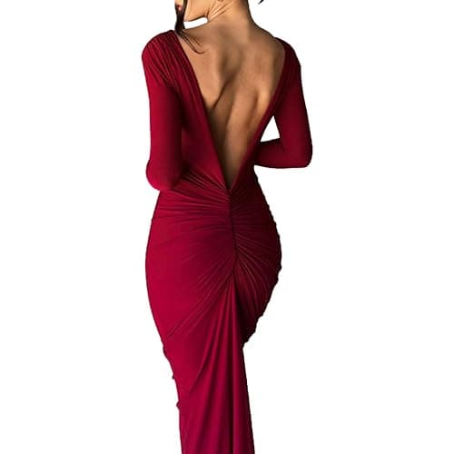 Geagodelia Robe Femme Maxi-Longue Sexy Moulante à Manches Longues, Robe de Soirée Col Deep V ou Dos Nu avec Deux Moyens à Porter thumbnail 5