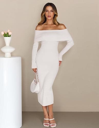 MEROKEETY Women's Fall Off Shoulder Bodycon Sweater Dress 2025 Formal Long Sleeve Elegant Club Party Midi Maxi Dresses thumbnail 3