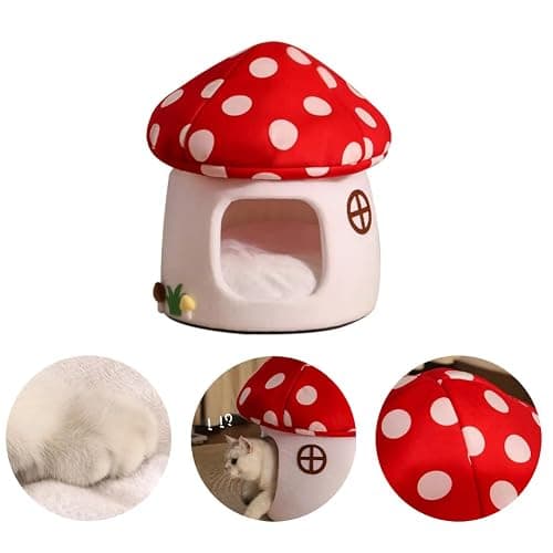 Mushroom Shape Cat House Cow Shape Cats Cave Bed Semi-Enclosed Cave-Style Warm Cat House Pet Nest for Cats Small Dogs thumbnail 3