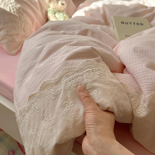 LifeTB Pink Gingham Comforter Set Full Size Soft Fluffy Romantic Lace Bedding Set Cottagecore Cute Plaid Checkered Comforter Set 3 Pieces Pink Grid Farmhouse Bedding Comforter with 2 Pillowcases thumbnail 9