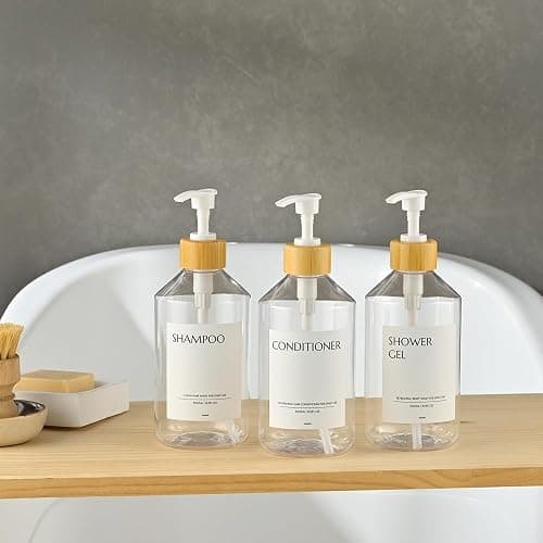 Janxin 3 Pièces Distributeur de Shampoing Mural, Distributeur Savon Mural 500ml, Distributeur de Savon Mural sans Perçage, avec Étiquette Étanche (Flacon Transparent + tête en Bambou Blanc) thumbnail 2