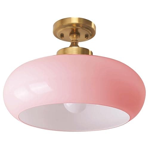 Qepeety Pink Glass Ceiling Light Fixture, Blush Retro Flush Mount for Girls Room Nursery, Bedroom, 15.74 Inch Vintage Ceiling Light with Gold Metal Base, E26 Socket (Bulb Not Included) - Image 1