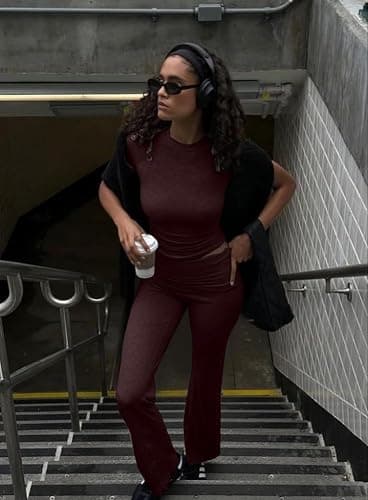 ZFLM Casual Workout Two Piece Outfits for Women Short Sleeve Crop High Waist Foldover Flare Pants Tracksuit Sets Streetwear thumbnail 6