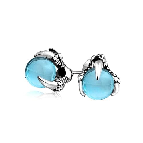 Gothic Punk Rocker Biker Jewelry Aqua Blue Translucent Ball Orb Dragon Claw Stud Earrings For Men For Women Silver Tone Black Oxidized Stainless Steel - Image 1