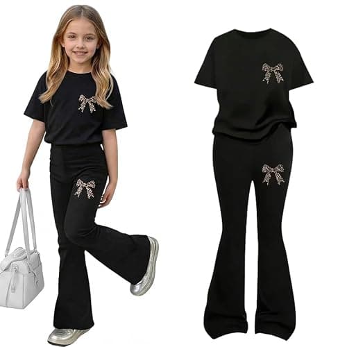 xueteox Girls Long Sleeve Sweatshirt 2 Piece, Bow Graphic Top and Pants Spring Fall Fashion Casual Clothes. - Image 1