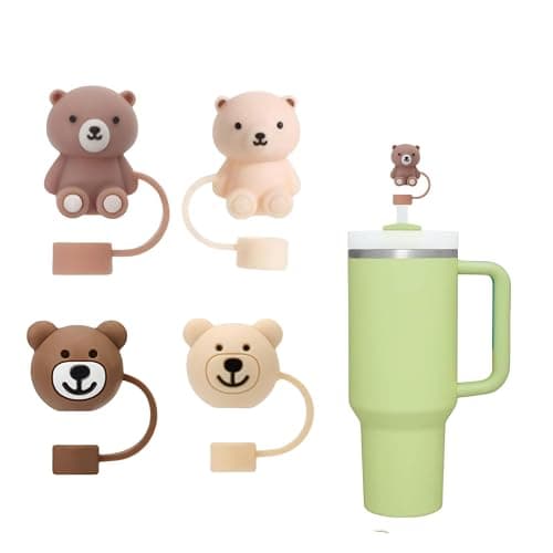 Cute Bear Straw Cover for Stanley Cup, Silicone Straw Topper for Stanley Cup 30&40oz with Tumblers, 10mm 0.4in Lid Accessories for Stanley Straws (4 Bear) - Image 1